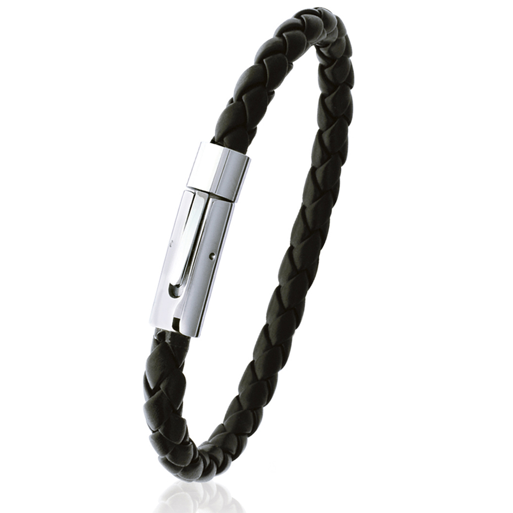 Bracelet cuir homme noir et fermoir acier - LOUIS