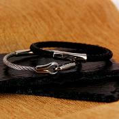 Bracelet cuir homme noir et fermoir acier - LOUIS